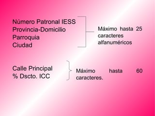 Número Patronal IESS Provincia-Domicilio Parroquia Ciudad Calle Principal % Dscto. ICC Máximo hasta 25 caracteres alfanuméricos Máximo hasta 60 caracteres. 