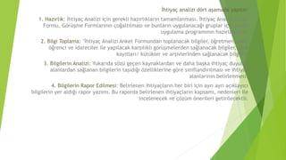 İhtiyaç analizi dört aşamada yapılır:
1. Hazırlık: İhtiyaç Analizi için gerekli hazırlıkların tamamlanması. İhtiyaç Analizi Anket
Formu, Görüşme Formlarının çoğaltılması ve bunların uygulanacağı gruplar için anket
uygulama programının hazırlanması.
2. Bilgi Toplama: "İhtiyaç Analizi Anket Formundan toplanacak bilgiler, öğretmen, veli,
öğrenci ve idareciler ile yapılacak karşılıklı görüşmelerden sağlanacak bilgiler, okul
kayıtları/ kütükler ve arşivlerinden sağlanacak bilgiler.
3. Bilgilerin Analizi: Yukarıda sözü geçen kaynaklardan ve daha başka ihtiyaç duyulan
alanlardan sağlanan bilgilerin taşıdığı özelliklerine göre sınıflandırılması ve ihtiyaç
alanlarının belirlenmesi.
4. Bilgilerin Rapor Edilmesi: Belirlenen ihtiyaçların her biri için ayrı ayrı açıklayıcı
bilgilerin yer aldığı rapor yazımı. Bu raporda belirlenen ihtiyaçların kapsamı, nedenleri ile
incelenecek ve çözüm önerileri getirilecektir.
 