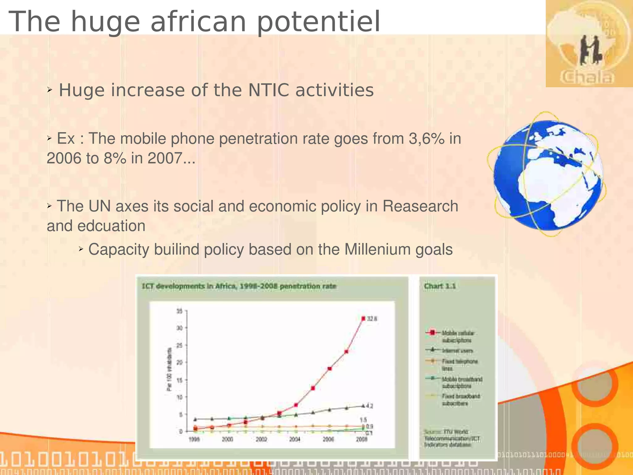 The huge african potentiel

  ➢   Huge increase of the NTIC activities

  ➢ Ex : The mobile phone penetration rate goes from 3,6% in 
  2006 to 8% in 2007...

  ➢ The UN axes its social and economic policy in Reasearch 
  and edcuation
      ➢ Capacity builind policy based on the Millenium goals
 
