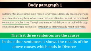 Extramarital affairs is the main reason for divorces . Infidelity causes anger and
resentment among those who are married, and often tears apart the emotional
connection couples have. Though one event of infidelity can be tackled through
counseling, multiple accounts of extramarital affairs usually result in divorce.
The first three sentences are the causes
In the other sentences it shows the results of the
above causes which ends in Divorce .
 