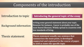 Introduction to topic
Background information
Thesis statement
Components of the introduction
Thesis statement usually one sentence that
summarizes the main point, is developed
,supported and explained in the course of paper.
As well as states the specific topic
 