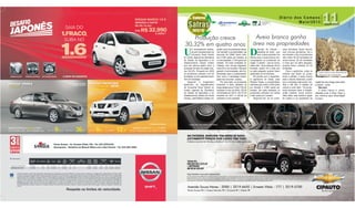 D
iferente do triticale –
substituto do milho - que
teve a área reduzida nos
últimos anos, a aveia branca vem
conquistando os produtores da
região. O plantio – que se iniciou
neste mês – deve alcançar 29 mil
hectares, quatro mil a mais que
na safra passada, quando foram
destinados 25 mil hectares.
De acordo com o engenhei-
ro agrônomo do Deral, José
Roberto Tosato, a produtividade
estimada gira entre 3.200 quilos
por hectare e 3.500 quilos por
hectare. Na safra passada os
produtores colheram em média
3.400 quilos por hectare.
Segundo ele, se as condi-
ções climáticas forem favorá-
veis (chuvas periódicas, frio e
sol durante o dia) os produtores
irão colher 95 mil toneladas de
aveia branca, 25 mil toneladas
a mais que na safra passada,
quando foram colhidas 70 mil
toneladas.
Para o agrônomo, entre os
motivos que levam os produ-
tores a plantar a aveia branca
está o retorno financeiro, sendo
que a tonelada está sendo ven-
dida a R$ 300. A rotação de
cultura é outro fator. “Os produ-
tores precisam fazer a rotação,
então plantam aveia branca.
Além disto, este cereal é opção
de cultura e os produtores da
região têm tecnologia para fazer
o plantio”, conta.
Mercado
A aveia branca é comer-
cializada junto à Elma Chips e
aos moinhos para alimentação
humana.
Diário dos Campos
Maio/2013
U
m levantamento realiza-
do pelo Departamento de
Economia Rural (Deral)
do núcleo regional da Secretaria
de Estado da Agricultura e do
Abastecimento (Seab) mostra
que nos últimos quatro anos a
produção de trigo na região cres-
ceu 30,32%. Enquanto em 2009
os produtores colheram 310 mil
toneladas, no ano passado foram
404 mil toneladas.
Segundo o engenheiro
agrônomo do Departamento
de Economia Rural (Deral) do
núcleo regional da Secretaria
de Estado da Agricultura e do
Abastecimento (Seab) em Ponta
Grossa, José Roberto Tosato, em
quatro anos os produtores eleva-
ram também a produtividade nas
lavouras. Em 2009, foram colhi-
dos 2.020 quilos por hectare, já
no ano passado, 3.100 quilos por
hectare. “As boas condições cli-
máticas, com chuvas regulares,
clima frio e sol durante o dia para
garantir a luminosidade, são fun-
damentais para a produtividade,
bem como a tecnologia empre-
gada nas lavouras”, explica.
Por outro lado, os produtores
reduziram a área plantada ao
longo destes anos. Foram 153 mil
hectares no ano de 2009; 125,50
mil hectares em 2010; 152,70 mil
hectares em 2011 e 130,30 mil
hectares no ano passado.
Aveia branca ganha
área nas propriedades
Aveia branca está despertando
interesse dos produtores
Caderno
SSafrasSafras
2012/13
Produção cresce
30,32% em quatro anos
DIVULGAÇÃO
 