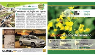 E
nquanto na safra 2011/2012 os
produtores da região colheram
em torno de 87 mil toneladas de
feijão (das águas), nesta a estimativa é
uma colheita de aproximadamente 71
mil toneladas, 16 mil toneladas a menos
no mercado.
De acordo com o engenheiro agrôno-
mo do Departamento de Economia Rural
do núcleo regional da Secretaria de
EstadodaAgriculturaedoAbastecimento
(Deral/Seab) em Ponta Grossa, José
Roberto Tosato, de olho na cotação da
soja e nas boas perspectivas de merca-
do, os produtores optaram por plantar
menos feijão e mais soja. Assim, 41.900
hectares foram ocupados com o feijão,
cerca de 20% a menos que na safra
passada, quando foram plantados 53 mil
hectares. “Na época do plantio, a soja
estava mais interessante, inclusive com
mercado internacional, então os produ-
tores com áreas mecanizadas plantaram
menos feijão e mais soja”, explica.
O plantio começou em setembro e
se estendeu até o final de outubro do
ano passado. Já a colheita se iniciou
em dezembro e seguiu até 15 de janei-
ro último. Devido ao excesso de chu-
vas que ocorreu no período em que a
planta se desenvolvia houve aumento
do índice de doenças. “As doenças
surgiram nas fases finais, floração e
frutificação”, conta. “Com isto, os pre-
ços caíram um pouco”, completa.
Apesar da redução, a saca de 60
quilos está cotada no mercado agrícola
entre R$ 130 e R$ 140. “É um excelen-
te preço para o feijão preto”, observa.
Ele calcula que a maioria dos produto-
res já tenha vendido sua produção.
Produtividade
Apesar do período chuvoso, os
produtores registraram produtividade
acima da média alcançada na safra
passada. Das lavouras saíram em torno
de 1.840 quilos por hectare neste ano.
Já no passado foram registrados apro-
ximadamente 1.630 quilos por hectare.
Variedade
Conforme o agrônomo do Deral,
92% dos pequenos produtores
regionais plantam, basicamente, fei-
jão preto. “Esta variedade pode ser
armazenada por mais tempo que o
Carioquinha que precisa ser vendido
no máximo em dez dias para não per-
der a qualidade. Os atacadistas dão
preferência sempre ao feijão novo e
de boa qualidade”, conta.
71 mil toneladas de feijão das águas71 mil toneladas de feijão das águas
Caderno Especial
Maio/2013
Assistência Técnica;
Cultura Subsequente com
Maior Produtividade.
Rentabilidade da
Produção;
Garantia de
Comercialização;
Rotação de Cultura;
Benefícios
em
Plantar
Canola
Canola a soja de invernoCanola a soja de inverno
A Energia
que vem
docampo
A Energia
que vem
docampoDIVULGAÇÃO
Preço da soja e boas perspectivas de mercado fizeram produtores
reduzir área plantada de feijão da primeira safra
 