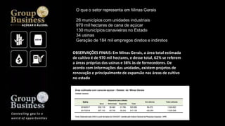 OBSERVAÇÕES FINAIS: Em Minas Gerais, a área total estimada
de cultivo é de 970 mil hectares, e desse total, 62% se referem
a áreas próprias das usinas e 38% às de fornecedores. De
acordo com informações das unidades, existem projetos de
renovação e principalmente de expansão nas áreas de cultivo
no estado
 