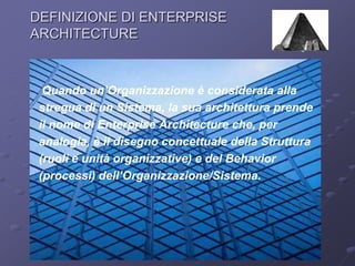 DEFINIZIONE DI ENTERPRISE ARCHITECTUREQuando un’Organizzazione è considerata alla stregua di un Sistema, la sua architettura prende il nome di Enterprise Architecture che, per analogia, è il disegno concettuale della Struttura (ruoli e unità organizzative) e del Behavior (processi) dell’Organizzazione/Sistema.
