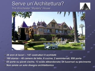Serve un’Architettura?The Winchester “Mystery” House 38 anni di lavori – 147 costruttori 0 architetti 160 stanze – 40 camere da letto, 6 cucine, 2 seminterrati, 950 porte 65 porte su pareti cieche, 13 scale abbandonate, 24 lucernari su pavimento Non esiste un solo disegno architettonico