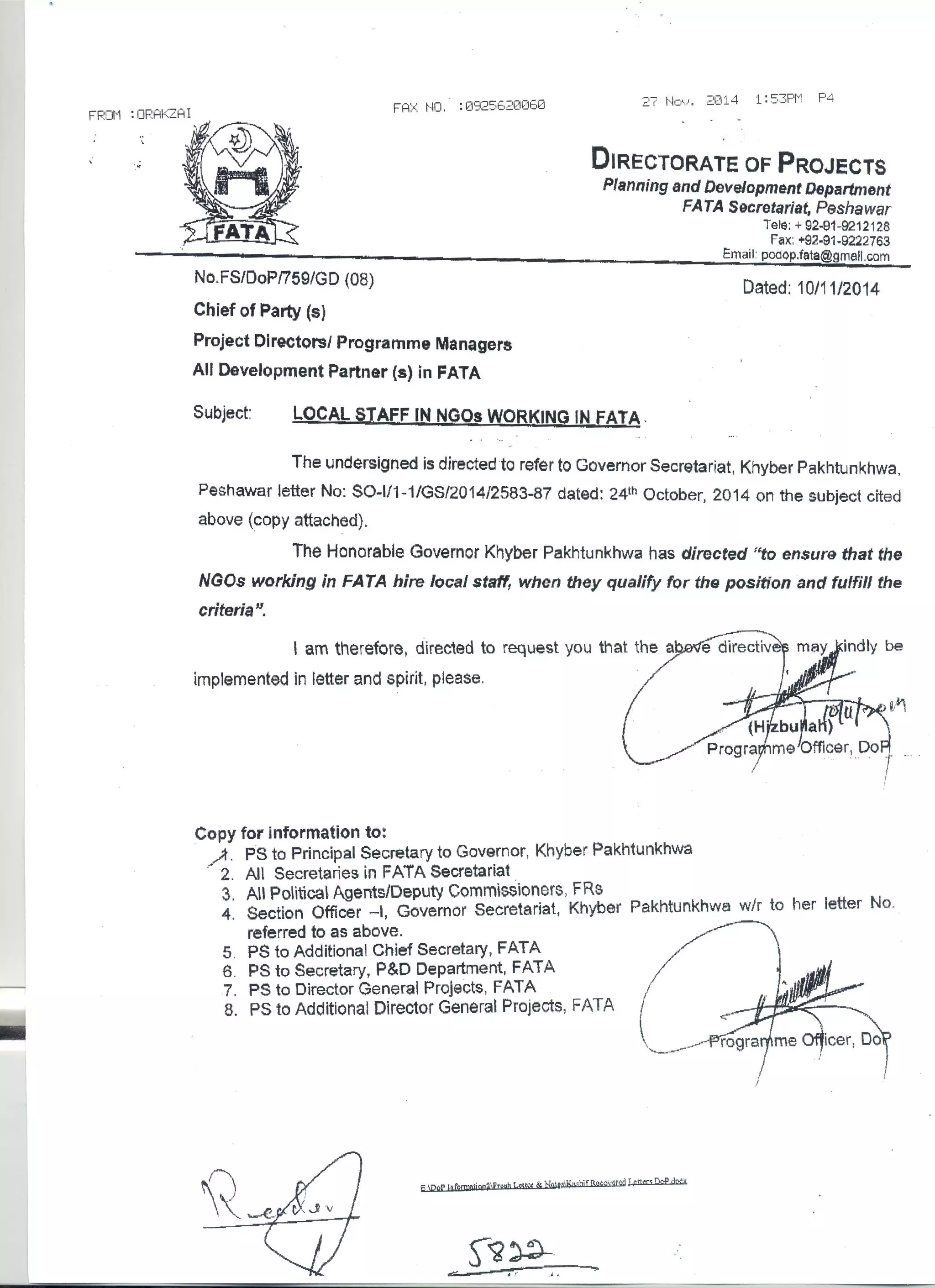 Notice to NGOs to Hire Staff from FATA (SAFRON Ministry, 11 Nov 2014)