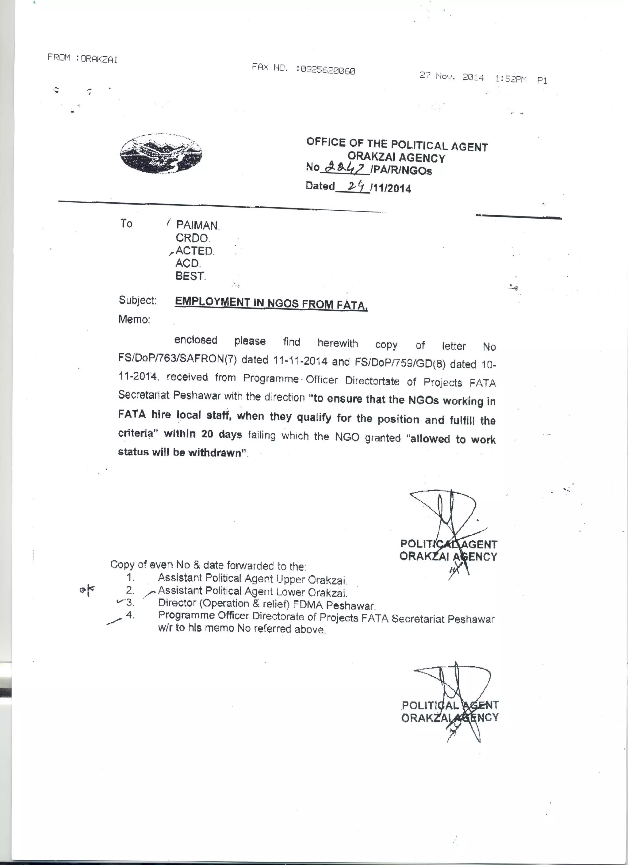 Notice to NGOs to Hire Staff from FATA (SAFRON Ministry, 11 Nov 2014)