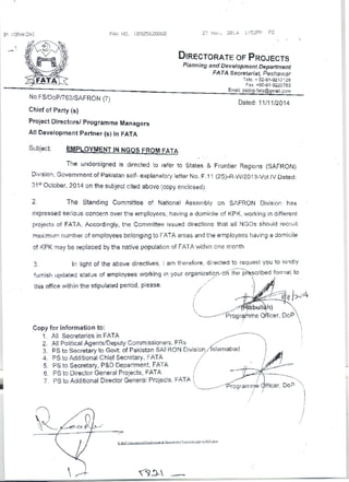 Notice to NGOs to Hire Staff from FATA (SAFRON Ministry, 11 Nov 2014)