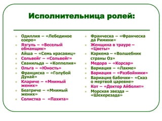 Исполнительница ролей:
 Одиллия − «Лебединое
озеро»
 Язгуль − «Веселый
обманщик»
 Айша − «Семь красавиц»
 Сольвейг − «Сольвейг»
 Сванильда − «Коппелия»
 Ольга − «Юность»
 Франциска − «Голубой
Дунай»
 Клариче − «Мнимый
жених»
 Беатриче − «Мнимый
жених»
 Солистка − «Пахита»
 Франческа − «Франческа
да Римини»
 Женщина в трауре –
«Цветы»
 Каркема – «Волшебник
страны Оз»
 Медора − «Корсар»
 Вариация − «Лакме»
 Вариация − «Разбойники»
 Вариация бабочки− «Сказ
о мертвой царевне»
 Кот − «Доктор Айболит»
 Морская звезда −
«Шехерезада»
 