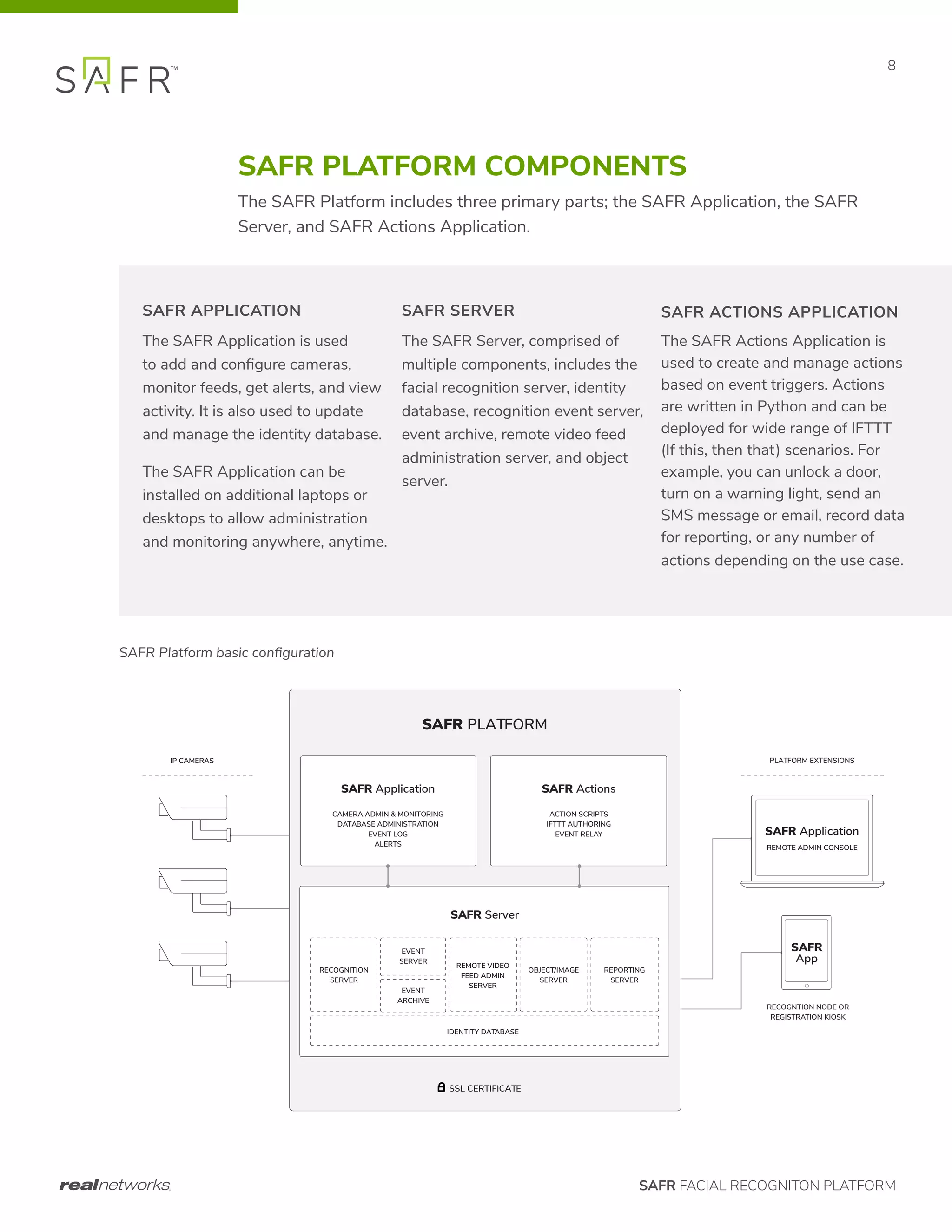 SAFR FACIAL RECOGNITON PLATFORM
8
SAFR PLATFORM COMPONENTS
The SAFR Platform includes three primary parts; the SAFR Application, the SAFR
Server, and SAFR Actions Application.
SAFR APPLICATION
The SAFR Application is used
to add and configure cameras,
monitor feeds, get alerts, and view
activity. It is also used to update
and manage the identity database.
The SAFR Application can be
installed on additional laptops or
desktops to allow administration
and monitoring anywhere, anytime.
SAFR SERVER
The SAFR Server, comprised of
multiple components, includes the
facial recognition server, identity
database, recognition event server,
event archive, remote video feed
administration server, and object
server.
SAFR ACTIONS APPLICATION
The SAFR Actions Application is
used to create and manage actions
based on event triggers. Actions
are written in Python and can be
deployed for wide range of IFTTT
(If this, then that) scenarios. For
example, you can unlock a door,
turn on a warning light, send an
SMS message or email, record data
for reporting, or any number of
actions depending on the use case.
SAFR PLATFORM
IDENTITY DATABASE
SSL CERTIFICATE
EVENT
ARCHIVE
SAFR Server
RECOGNITION
SERVER
EVENT
SERVER
REMOTE VIDEO
FEED ADMIN
SERVER
OBJECT/IMAGE
SERVER
REPORTING
SERVER
SAFR Application
CAMERA ADMIN & MONITORING
DATABASE ADMINISTRATION
EVENT LOG
ALERTS
SAFR Actions
ACTION SCRIPTS
IFTTT AUTHORING
EVENT RELAY SAFR Application
REMOTE ADMIN CONSOLE
SAFR
App
RECOGNTION NODE OR
REGISTRATION KIOSK
PLATFORM EXTENSIONS
IP CAMERAS
SAFR Platform basic configuration
 