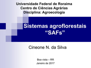 Sistemas agroflorestais
“SAFs”
Cineone N. da Silva
Boa vista – RR
Janeiro de 2017
Universidade Federal de Roraima
Centro de Ciências Agrárias
Disciplina: Agroecologia
 