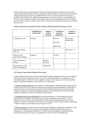 managers intent upon raising the profile of health and safety management. Similarly at Cattleworks,
senior managers introduced an innovative program to integrate health and safety into their best practice
management strategies. In each case, health and safety was seen as having significant potential to
facilitate cultural change. The ‘adaptive hazard managers’ are not alone however in using health and
safety as a lever for cultural change. Both Soapchem and Car Parts used health and safety as a primary
lever for cultural change, in response to the need for organisational change following recession-induced
financial crises.

Table 3.3: Reasons for Concerted Action to Improve Health and Safety Systems, by Type


                              ‘Sophisticated        Adaptive         ‘Traditional         ‘Unsafe act
                               behavioural’          hazard            design &           minimisers’
                                                    managers         engineering’

Compensation costs         Plaschem                               HosCare             Weaveworks
                                                                                      Grande Hotel
                                                                  Proof One

                                                                  Patient Care

Following company                                                                     Superstores 1 / 2
takeover

Financial crisis,          Soapchem                               Car Parts
organisational change

New manager drives                               Manucar
change                                           Autopress

Planned pursuit of best                          Cattleworks
practice management


3.3.3 System Types and the Purpose of the System

In most enterprises the primary purpose of the health and safety management activity is the intention to
control injury and ill-health levels. In the twenty cases, subordinate purposes are apparent also. The
subordinate purposes identified variously emphasise injury, or the employee, or the hazard, and they
range in scope from ambitious to more modest, as is evident below:

1. Systematic hazard elimination is the explicit or implicit purpose of health and safety system activity
among several of the cases. Expressions include direct hazard-by-hazard elimination (Cattleworks), a
pervasive presence across the system elements of the identification/assessment/control framework
(Autopress, Manucar), and hazard management programs for key hazards such as manual handling
(HosCare, Soapchem, Car Parts) or chemicals (Vehicle Parts).

2. Establishing basic system infrastructure is the dominant purpose of cases embarking upon the
comprehensive development of formal health and safety management systems (Proof 1, Proof 2,
Makemats). Cases with more developed health and safety systems might belong here also, where
attention is focused on refining the system itself, as in Plaschem’s focus on the procedures and training
to support ‘employee safe working’ and safe systems of work.

3. Risk management as a purpose moves beyond hazard management to the broader calculation of risks
and benefits, and application of broader control strategies, including rehabilitation and claims
management. A risk management objective is evident when cases emphasise rehabilitation before
prevention (PatientCare), or build an ‘acceptable level of risk’ into the job (Buildashop).
 