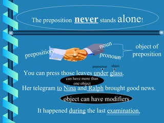 The preposition   never  stands  alone ! preposition noun pronoun object of preposition preposition object can have more than one object object can have modifiers You can press those leaves  under   glass . Her telegram  to   Nina  and  Ralph  brought good news. It happened  during  the last  examination. 