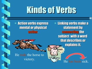Kinds of Verbs Action verbs express mental or physical  action . Linking verbs make a statement by  connecting  the subject  with a word  that describes or explains it. He  rode  the horse to victory. He  has been  sick. 