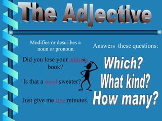 The Adjective Modifies or describes a noun or pronoun . Is that a  wool   sweater? Just give me  five   minutes. Did you lose your  address book? Answers  these questions: What kind? Which? How many? 
