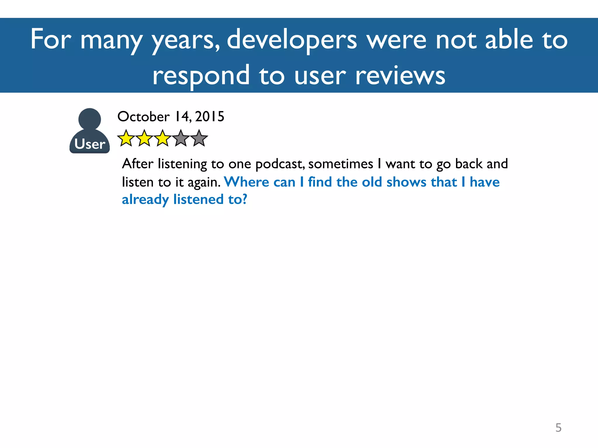 For many years, developers were not able to
respond to user reviews
5
October 14, 2015
After listening to one podcast, sometimes I want to go back and
listen to it again. Where can I find the old shows that I have
already listened to?
User
 