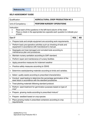 AGRACP213-1113
Agricultural Crop Production NC II 1
SELF-ASSESSMENT GUIDE
Qualification: AGRICULTURAL CROP PRODUCTION NC II
Unit of Competency : PERFORM NURSERY OPERATIONS
Instruction:
 Read each of the questions in the left-hand column of the chart.
 Place a check in the appropriate box opposite each question to indicate your
answer.
Can I? YES NO
 Prepare tools and simple equipment are according work requirements.
 Perform basic pre-operative activities such as checking of tools and
equipment in accordance with manufacturer’s manual.
 Segregate and treat damaged and corroded tools according to
maintenance plan and procedures.
 Maintain nursery sanitation according to GAP standard.
 Perform repair and maintenance of nursery facilities
 Apply preventive measures for inclement weather
 Practice safety measures according to OSHS
 Determine seeds/planting materials according to kinds and varieties.
 Select quality seeds according to prescribed characteristics
 Conduct seed testing to determine the percentage germination of the
seed stock in accordance with the standard procedures
 Treat planting materials following standard protocol.
 Perform seed treatment for germination purposes based on type of
crop*
 Prepare growing media according to prescribed mixture*
 Prepare seedbed based on crop species
 Place growing media in prescribed containers according to crop
requirements
Reference No.
 