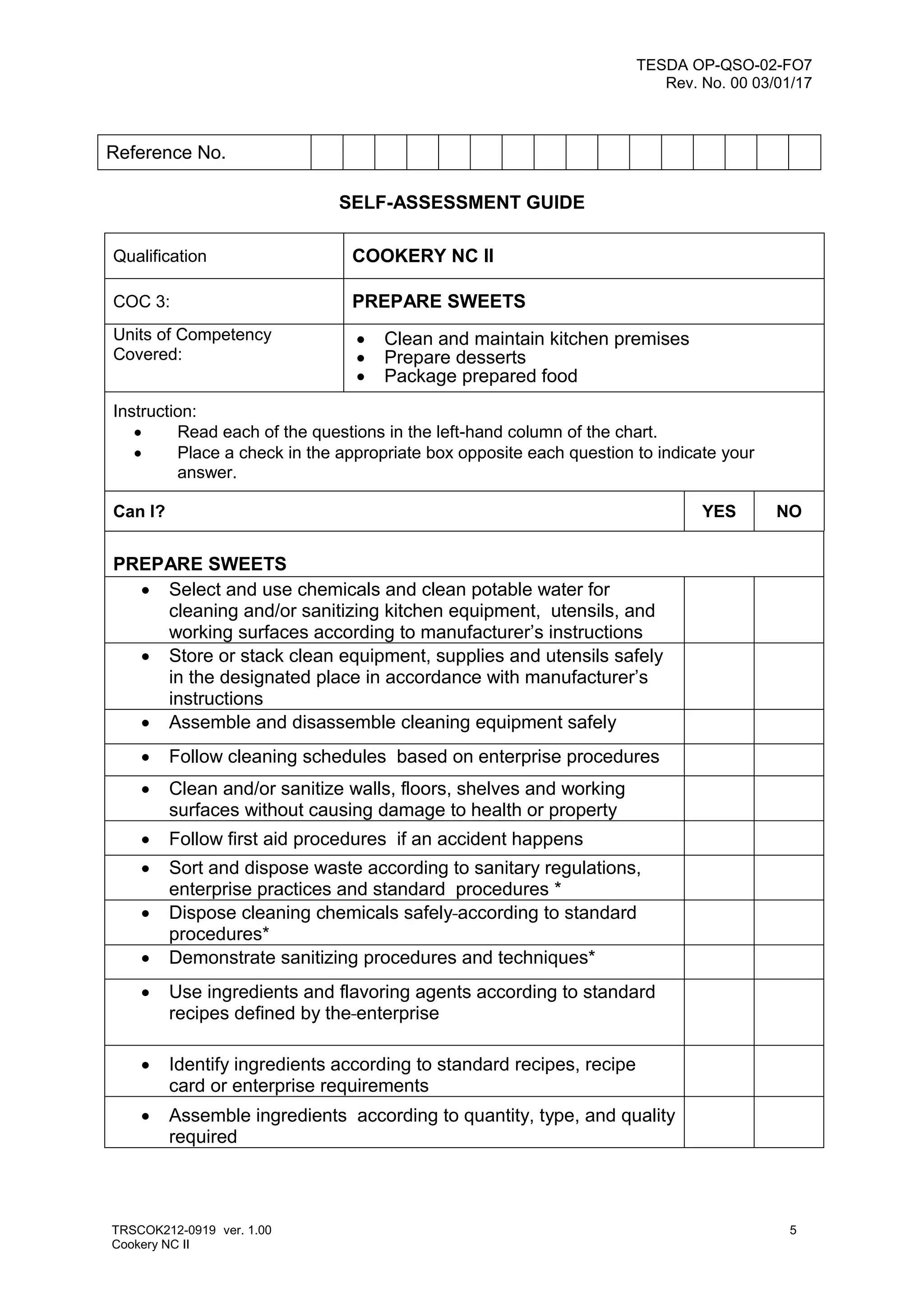 SAG - Cookery NC II pdf self assessment | PDF