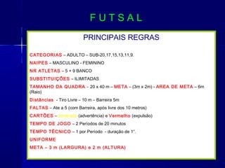 PRINCIPAIS REGRAS
CATEGORIAS – ADULTO – SUB-20,17,15,13,11,9.
NAIPES – MASCULINO - FEMININO
NR ATLETAS – 5 + 9 BANCO
SUBSTITUIÇÕES – ILIMITADAS
TAMANHO DA QUADRA - 20 x 40 m – META – (3m x 2m) - AREA DE META – 6m
(Raio)
Distâncias - Tiro Livre – 10 m – Barreira 5m
FALTAS – Ate a 5 (com Barreira, após livre dos 10 metros)
CARTÕES – Amarelo (advertência) e Vermelho (expulsão)
TEMPO DE JOGO – 2 Períodos de 20 minutos
TEMPO TÉCNICO – 1 por Período - duração de 1”.
UNIFORME
META – 3 m (LARGURA) e 2 m (ALTURA)
F U T S A L
 