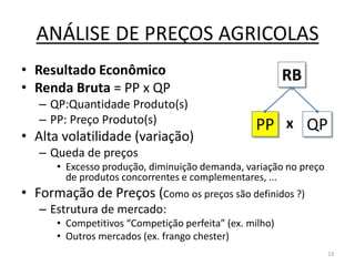 ANÁLISE DE PREÇOS AGRICOLAS
• Resultado Econômico
• Renda Bruta = PP x QP
– QP:Quantidade Produto(s)
– PP: Preço Produto(s)
• Alta volatilidade (variação)
– Queda de preços
• Excesso produção, diminuição demanda, variação no preço
de produtos concorrentes e complementares, ...
• Formação de Preços (Como os preços são definidos ?)
– Estrutura de mercado:
• Competitivos “Competição perfeita” (ex. milho)
• Outros mercados (ex. frango chester)
PP QP
RB
x
13
 