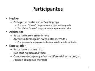 Participantes
• Hedger
– Proteger-se contra oscilações de preço
• Produtor: “travar” preço de venda para evitar queda
• Torrefador “travar” preço de compra para evitar alta
• Arbitrador
– Busca lucro, sem assumir risco
– Aproveita diferença de preço entre mercados
• Compra aonde o preço está baixo e vende aonde está alto
• Especulador
– Busca lucro, assume risco
– Não atua no mercado fisico
– Compra e venda para ganhar no diferencial entre preços
– Fornece liquidez ao mercado
33
 