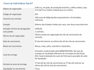 35
Objeto de negociação
Café cru, em grão, de produção brasileira, coffea arabica, tipo
6-25 (6/7) ou melhor, bebida dura ou melhor.
Código de negociação KFE
Tamanho do contrato
100 sacas de 60kg líquidos (equivalentes a 6 toneladas
métricas).
Cotação Dólares dos Estados Unidos por saca, com duas casas decimais.
Variação mínima de apregoação US$0,05.
Lote padrão 1 contrato.
Último dia de negociação
Última sessão de negociação do mês de vencimento do
contrato.
Data de vencimento 6º dia útil anterior ao último dia útil do mês do vencimento.
Meses de vencimento Março, maio, julho, setembro e dezembro.
Local de entrega
Armazéns credenciados pela BM&FBOVESPA. No caso de
entrega em localidade diferente do município de São Paulo
(SP), haverá dedução do custo de frete para apuração do valor
de liquidação.
Período de aviso de entrega
1º dia útil do mês de vencimento ao 7º dia útil anterior ao
último dia útil do mês de vencimento.
Liquidação no vencimento Física.
Futuro de Café Arábica Tipo 6/7
 