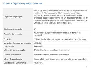 36
Objeto de negociação
Soja em grão a granel tipo exportação, com os seguintes limites
máximos: 14% de umidade; 1% de matérias estranhas e
impurezas; 30% de quebrados; 8% de esverdeados; 8% de
avariados, dos quais se permite até 6% de grãos mofados, até 4%
de grãos ardidos e queimados, sendo que esse último não pode
ultrapassar 1%; e 18,5% de conteúdo de óleo.
Código de negociação SFI
Tamanho do contrato
450 sacas de 60kg líquidos (equivalentes a 27 toneladas
métricas).
Cotação Dólares dos Estados Unidos por saca, com duas casas decimais.
Variação mínima de apregoação US$0,01.
Lote padrão 1 contrato.
Último dia de negociação 2º dia útil anterior ao mês de vencimento.
Data de vencimento 2º dia útil anterior ao mês de vencimento.
Meses de vencimento Março, abril, maio, junho, julho, agosto, setembro e novembro.
Liquidação no vencimento Financeira.
Futuro de Soja com Liquidação Financeira
 