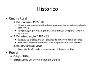 Histórico
• Crédito Rural
– 1. Estruturação: 1965 – 86
• Oferta abundante de crédito barato para apoiar a modernização da
economia (
• compensação por outras políticas econômicas que penalizavam a
agricultura.
– 2. Desestruturação: 1987 – 99
• Escassez de crédito, maior seletividade e maiores taxas de juros
• problemas macroeconômicos: crise do petróleo, dívida externa
– 3. Reestruturação: 2000 –
• Aumento da oferta de recursos, novas linhas de crédito
• Pronaf
– Criação 1996.
– Expansão do volume e linhas de crédito
 