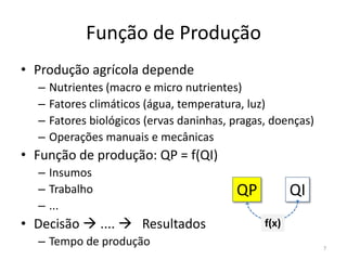 Função de Produção
• Produção agrícola depende
– Nutrientes (macro e micro nutrientes)
– Fatores climáticos (água, temperatura, luz)
– Fatores biológicos (ervas daninhas, pragas, doenças)
– Operações manuais e mecânicas
• Função de produção: QP = f(QI)
– Insumos
– Trabalho
– ...
• Decisão  ....  Resultados
– Tempo de produção
QP QI
f(x)
7
 