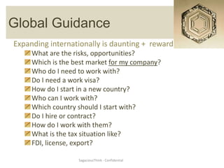 Project Management Expertise
Global Guidance
Expanding internationally is daunting + rewarding
     What are the risks, opportunities?
     Which is the best market for my company?
     Who do I need to work with?
     Do I need a work visa?
     How do I start in a new country?
     Who can I work with?
     Which country should I start with?
     Do I hire or contract?
     How do I work with them?
     What is the tax situation like?
     FDI, license, export?

                   SagaciousThink - Confidential
 