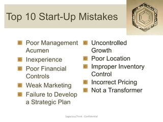 Top 10 Start-Up Mistakes

    Poor Management                     Uncontrolled
    Acumen                              Growth
    Inexperience                        Poor Location
    Poor Financial                      Improper Inventory
    Controls                            Control
                                        Incorrect Pricing
    Weak Marketing
                                        Not a Transformer
    Failure to Develop
    a Strategic Plan

                 SagaciousThink - Confidential
 