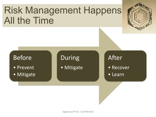 Risk Management Happens
 Risk Management
All the Time


 Before       During                          After
 • Prevent    • Mitigate                      • Recover
 • Mitigate                                   • Learn




              SagaciousThink - Confidential
 