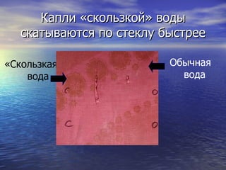 Капли «скользкой» воды скатываются по стеклу быстрее «Скользкая» вода Обычная вода 