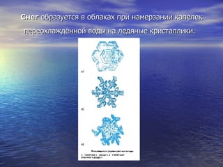 Снег  образуется в облаках при намерзании капелек переохлаждённой воды на ледяные кристаллики.   