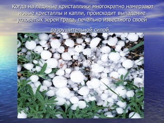 к огда на ледяные кристаллики многократно намерзают новые кристаллы и капли, происходит выпадение угловатых зерен града, печально известного своей разрушительной силой.   