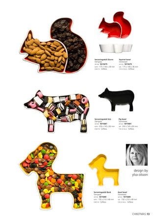 Serveringsskål Ekorre      Squirrel bowl
Stengods.                  Stoneware.
ART.NR: 5015679            ART.NO: 5015679
MÅTT: 175 x 140 x 38 mm    SIZE: 175 x 140 x 38 mm
FÖRP.TYP: Giftbox          TYPE OF PACK: Giftbox




Serveringsskål Gris        Pig bowl
Stengods.                  Stoneware.
ART.NR: 5015681            ART.NO: 5015681
MÅTT: 250 x 145 x 60 mm    SIZE: 250 x 145 x 60 mm
FÖRP.TYP: Giftbox          TYPE OF PACK: Giftbox




                                            design by
                                           ylva olsson



Serveringsskål Bock       Goat bowl
Stengods.                 Stoneware.
ART.NR: 5015680           ART.NO: 5015680
MÅTT: 150 x 210 x 48 mm   SIZE: 150 x 210 x 48 mm
FÖRP.TYP: Giftbox         TYPE OF PACK: Giftbox




                                           CHRISTMAS 13
 