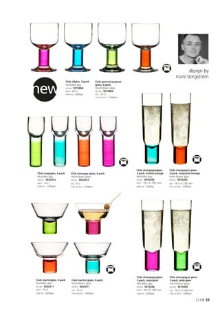 design by
                                                                                                        matz borgström


new
                           Club allglas, 4-pack    Club general purpose
                           Munblåst glas.          glass, 4-pack
                           ART.NR: 5015864         Hand-blown glass.
                           MÅTT: 25 cl             ART.NO: 5015864
                           FÖRP.TYP: Giftbox       SIZE: 25 cl
                                                   TYPE OF PACK: Giftbox




                                                                           Club champagneglas,     Club champagne glass,
 Club snapsglas, 4-pack        Club schnapps glass, 4-pack                 2-pack, turkos/orange   2-pack, turquoise/orange
 Munblåst glas.                Hand-blown glass.                           Munblåst glas.          Hand-blown glass.
 ART.NR: 5032012               ART.NO: 5032012                             ART.NR: 5015265         ART.NO: 5015265
 MÅTT: 4 cl                    SIZE: 4 cl                                  MÅTT: 18 cl H 190 mm    SIZE: 18 cl H 190 mm
 FÖRP.TYP: Giftbox             TYPE OF PACK: Giftbox                       FÖRP.TYP: Giftbox       TYPE OF PACK: Giftbox




                                                                           Club champagneglas,     Club champagne glass,
Club martiniglas, 4-pack        Club martini glass, 4-pack                 2-pack, rosa/grön       2-pack, pink/gren
Munblåst glas.                  Hand-blown glass.                          Munblåst glas.          Hand-blown glass.
ART.NR: 5032011                 ART.NO: 5032011                            ART.NR: 5015264         ART.NO: 5015264
MÅTT: 15 cl                     SIZE: 15 cl                                MÅTT: 18 cl H 190 mm    SIZE: 18 cl H 190 mm
FÖRP.TYP: Giftbox               TYPE OF PACK: Giftbox                      FÖRP.TYP: Giftbox       TYPE OF PACK: Giftbox


                                                                                                                       CLUB 33
 