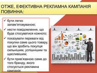ОТЖЕ, ЕФЕКТИВНА РЕКЛАМНА КАМПАНІЯ
ПОВИННА:
 бути легко
запам’ятовуваною;
 нести повідомлення, що
буде стосуватися кожного;
 показувати переваги від
покупки саме цього товару,
що він зробить покупця
сильнішим, успішнішим та
щасливішим;
 бути прив’язаною саме до
того бренду, якого
стосується рекламна
кампанія.
 