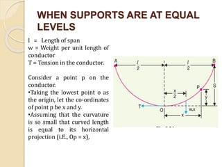 WHEN SUPPORTS ARE AT EQUAL
LEVELS
l = Length of span
w = Weight per unit length of
conductor
T = Tension in the conductor.
Consider a point p on the
conductor.
•Taking the lowest point o as
the origin, let the co-ordinates
of point p be x and y.
•Assuming that the curvature
is so small that curved length
is equal to its horizontal
projection (i.E., Op = x),
 