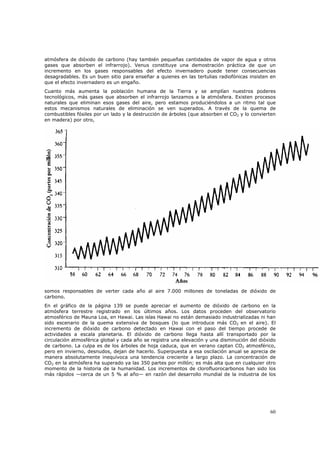 atmósfera de dióxido de carbono (hay también pequeñas cantidades de vapor de agua y otros
gases que absorben el infrarrojo). Venus constituye una demostración práctica de que un
incremento en los gases responsables del efecto invernadero puede tener consecuencias
desagradables. Es un buen sitio para enseñar a quienes en las tertulias radiofónicas insisten en
que el efecto invernadero es un engaño.
Cuanto más aumenta la población humana de la Tierra y se amplían nuestros poderes
tecnológicos, más gases que absorben el infrarrojo lanzamos a la atmósfera. Existen procesos
naturales que eliminan esos gases del aire, pero estamos produciéndolos a un ritmo tal que
estos mecanismos naturales de eliminación se ven superados. A través de la quema de
combustibles fósiles por un lado y la destrucción de árboles (que absorben el CO2 y lo convierten
en madera) por otro,




somos responsables de verter cada año al aire 7.000 millones de toneladas de dióxido de
carbono.
En el gráfico de la página 139 se puede apreciar el aumento de dióxido de carbono en la
atmósfera terrestre registrado en los últimos años. Los datos proceden del observatorio
atmosférico de Mauna Loa, en Hawai. Las islas Hawai no están demasiado industrializadas ni han
sido escenario de la quema extensiva de bosques (lo que introduce más CO2 en el aire). El
incremento de dióxido de carbono detectado en Hawai con el paso del tiempo procede de
actividades a escala planetaria. El dióxido de carbono llega hasta allí transportado por la
circulación atmosférica global y cada año se registra una elevación y una disminución del dióxido
de carbono. La culpa es de los árboles de hoja caduca, que en verano captan CO2 atmosférico,
pero en invierno, desnudos, dejan de hacerlo. Superpuesta a esa oscilación anual se aprecia de
manera absolutamente inequívoca una tendencia creciente a largo plazo. La concentración de
CO2 en la atmósfera ha superado ya las 350 partes por millón; es más alta que en cualquier otro
momento de la historia de la humanidad. Los incrementos de clorofluorocarbonos han sido los
más rápidos —cerca de un 5 % al año— en razón del desarrollo mundial de la industria de los




                                                                                              60
 