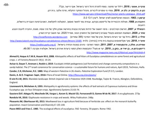 ‫ח‬ ‫צורף‬,‫י‬ ‫אוסם‬,2018.‫מחטני‬ ‫יער‬ ‫דילול‬.‫בישראל‬ ‫היער‬ ‫ניהול‬ ‫לתורת‬ ‫נספח‬.‫הייעור‬ ‫אגף‬,‫קק‬"‫ל‬.
‫ס‬ ‫כגן‬,‫צ‬'‫פ‬ ‫רקסקי‬,‫א‬ ‫כלב‬,2016.‫נוי‬ ‫צמחי‬‫צופניים‬‫לדבורים‬.‫החקלאי‬ ‫המחקר‬ ‫מינהל‬,‫וולקני‬ ‫מרכז‬,‫דגן‬ ‫בית‬.
.pdf2016catalogue_-plants-https://www.agri.gov.il/download/files/nectar
‫קרשון‬‫ר‬,1963.‫ישראל‬ ‫לארץ‬ ‫האיקליפטוס‬ ‫הכנסת‬.‫ליערן‬13:15-3.
‫א‬ ‫רוזנברג‬,1988.‫פעילות‬‫הרבצידית‬‫של‬‫גלייפוסט‬‫בקרקע‬.‫מוסמך‬ ‫לתואר‬ ‫גמר‬ ‫עבודת‬,‫לחקלאות‬ ‫הפקולטה‬,‫בירושלים‬ ‫העברית‬ ‫האוניברסיטה‬,
‫רחובות‬.
‫א‬ ‫רוטשילד‬,2007.‫הסרג‬ ‫חורשת‬'‫נטים‬–‫צומח‬ ‫מיני‬ ‫של‬ ‫חלקי‬ ‫ואפיון‬ ‫בחורשה‬ ‫טבעית‬ ‫מערכת‬ ‫יחידות‬ ‫של‬ ‫ראשוני‬ ‫מיפוי‬.‫מצגת‬,‫הטבע‬ ‫להגנת‬ ‫החברה‬.
‫ג‬ ‫שחר‬,2020.‫עשבים‬ ‫בקוטלי‬ ‫השימוש‬ ‫השפעות‬(‫ראונדאפ‬)‫הנטוי‬ ‫החמציץ‬ ‫על‬,‫אפריל‬2020.‫השרון‬ ‫קרית‬ ‫תושבי‬ ‫ועד‬.
‫ג‬ ‫שילר‬.2013.‫בישראל‬ ‫ויערות‬ ‫יער‬ ‫עצי‬ ‫גידול‬,‫המדבר‬ ‫ספר‬ ‫של‬ ‫ארץ‬(385‫עמודים‬)http://israelforests.wordpress.com
‫ד‬ ‫שיצר‬,2018.‫סקר‬‫אקליפטוסים‬‫צידה‬ ‫בית‬ ‫בבקעת‬(‫בטיחה‬.)‫כלנית‬15585-shitzer/#more-camaldulensis-http://www.kalanit.org.il/eucalyptus
‫א‬ ‫שמידע‬,‫ג‬ ‫פולק‬,‫פרגמן‬-‫א‬ ‫ספיר‬,2007,2011.‫האדום‬ ‫הספר‬–‫בישראל‬ ‫הכחדה‬ ‫בסכנת‬ ‫מינים‬.https://redlist.parks.org.il/
‫רייזמן‬-‫ברמן‬‫א‬.,‫ש‬ ‫יאיר‬ ‫בן‬.,‫בוקן‬‫ב‬.,2010.‫פער‬ ‫או‬ ‫יער‬?‫בישראל‬ ‫אורנים‬ ‫ביערות‬ ‫המצוי‬ ‫האלון‬ ‫התבססות‬.‫וסביבה‬ ‫אקולוגיה‬46-38:1.
4http://www.magazine.isees.org.il/Abstract.aspx?ArticleId=
Ahmed R, Hoque A.T.M.R, Hoaain M.K, 2008. Allelopathic effects of leaf litters of Eucaliptus camaldulensis on some forest and agricultural
crops. J. of Forestry Research 19(1): 19-24.
Avisar A, Dayan T, Aronson J, Roskin J, 2019. Eucalypts inhibit pedogenesis (soil formation) and change community compositions in a
sandy habitat. The 2nd Israeli conerence for conservation science – a sustainable future for humans and nature, April 2019, Technion, Haifa.
Conder, C.R, Kitchener, R.E. 1880. Map of western Palestine in 26 sheets. Palestine Exploration Fund (P.E.F), London.
Danin, A. & O. Fragman- Sapir, 2016+ Flora of Israel Online. http://flora.org.il/en/plants/
El eini R.I.M, 2015. Mandate landscape: British imperial rule in Palestine 1929-1948. Routledge, Taylor & Francis, Abington, Oxfordshire,
England.
Lisanework N, Michelsen A, 1993. Allelopathy in agroforestry systems: the effects of leaf extracts of Cupressus lusitanica and three
Eucalyptus spp. on four Ethiopian crops. Agroforestry Systems 21:63-74.
Gazziero DLP, Adegas FS, Meschede DK, Vargas L, Karam D, Maciel CD, Fornaranolli D, Gomes M de M, 2017. A era glyphosate. 273p
Nandula VK, 2010. Glyphosate resistance in crops and weeds. Wiley Publication. 248p.
Pleasants JM, Oberhauser KS, 2013. Meelkweed loss in agriculture field because of herbicide use: effect on rhe monarch butterfly
population. Insect Conservation and Diversity 6' 135-144.
Poore MED and Fries C. 1985. The ecological effects of eucalyptus. FAO forestry, 59 papers. Rome: FAO.
-68-
 