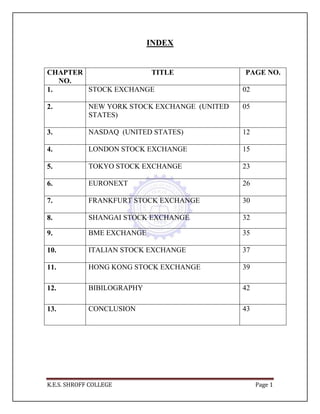 K.E.S. SHROFF COLLEGE Page 1
INDEX
CHAPTER
NO.
TITLE PAGE NO.
1. STOCK EXCHANGE 02
2. NEW YORK STOCK EXCHANGE (UNITED
STATES)
05
3. NASDAQ (UNITED STATES) 12
4. LONDON STOCK EXCHANGE 15
5. TOKYO STOCK EXCHANGE 23
6. EURONEXT 26
7. FRANKFURT STOCK EXCHANGE 30
8. SHANGAI STOCK EXCHANGE 32
9. BME EXCHANGE 35
10. ITALIAN STOCK EXCHANGE 37
11. HONG KONG STOCK EXCHANGE 39
12. BIBILOGRAPHY 42
13. CONCLUSION 43
 