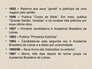 • 1952 – Retorna aos seus “gerais” e participa de uma
  viagem pelo sertão.
• 1956 – Publica “Corpo de Baile”. Em maio, publica
  “Grande Sertão: Veredas” e irá receber três prêmios por
  essa última obra.
• 1957 – Primeira candidatura à Academia Brasileira de
  Letras.
• 1962 – Publica “Primeiras Estórias”.
• 1963 – Candidata-se pela segunda vez à Academia
  Brasileira de Letras e é eleito por unanimidade.
• 1965/66 – Seus livros são traduzidos no exterior.
• 1967 – Morre, três dias depois de tomar posse na
  Academia Brasileira de Letras.
 
