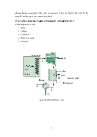 11 
released during condensation. The water (condensate) is then fed back to the boiler by the pump (P), and the cycle goes on repeating itself. 
5.3 THERMAL POWER STATION WORKS ON ‘RANKINE CYCLE’ 
Main Components of TPS 
1. Boiler 
2. Turbine 
3. Condenser 
4. Boiler feed pump 
5. Generator 
Fig. 5.1 Rankine or Steam Cycle 
 
