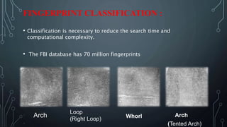 FINGERPRINT CLASSIFICATION :
• Classification is necessary to reduce the search time and
computational complexity.
• The FBI database has 70 million fingerprints
• Arch
• (Tented Arch)
Arch
Loop
(Right Loop) Whorl
 
