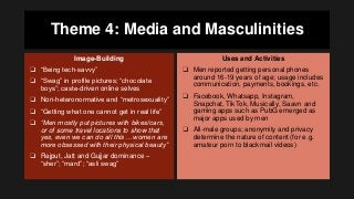 Theme 4: Media and Masculinities
Image-Building
❑ “Being tech-savvy”
❑ “Swag” in profile pictures; “chocolate
boys”; caste-driven online selves
❑ Non-heteronormative and “metrosexuality”
❑ “Getting what one cannot get in real life”
❑ “Men mostly put pictures with bikes/cars,
or of some travel locations to show that
yes, even we can do all this… women are
more obsessed with their physical beauty”
❑ Rajput, Jatt and Gujjar dominance –
“sher”; “mard”; “asli swag”
Uses and Activities
❑ Men reported getting personal phones
around 16-19 years of age; usage includes
communication, payments, bookings, etc.
❑ Facebook, Whatsapp, Instagram,
Snapchat, TikTok, Musically, Saavn and
gaming apps such as PubG emerged as
major apps used by men
❑ All-male groups; anonymity and privacy
determine the nature of content (for e.g.
amateur porn to blackmail videos)
 