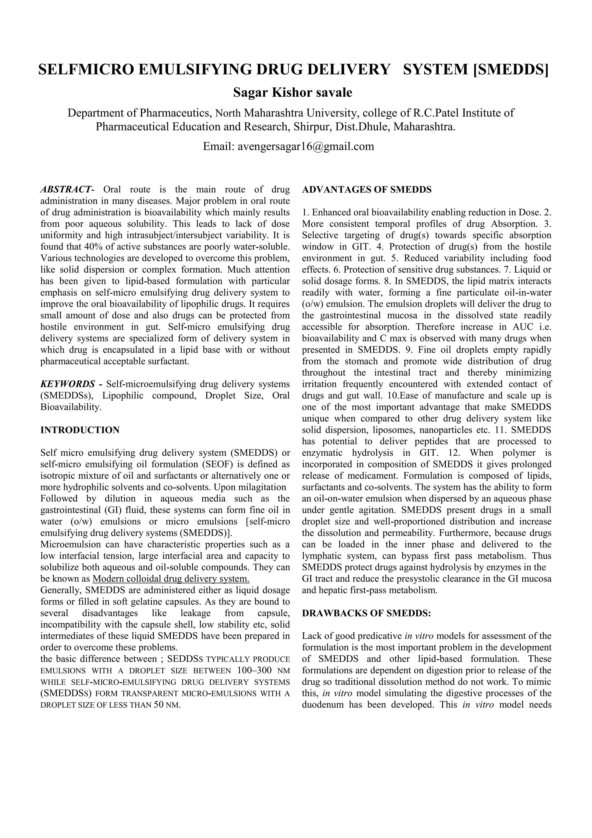 SELF MICRO EMULSIFYING DRUG DELIVERY SYSTEM [SMEDDS] | PDF