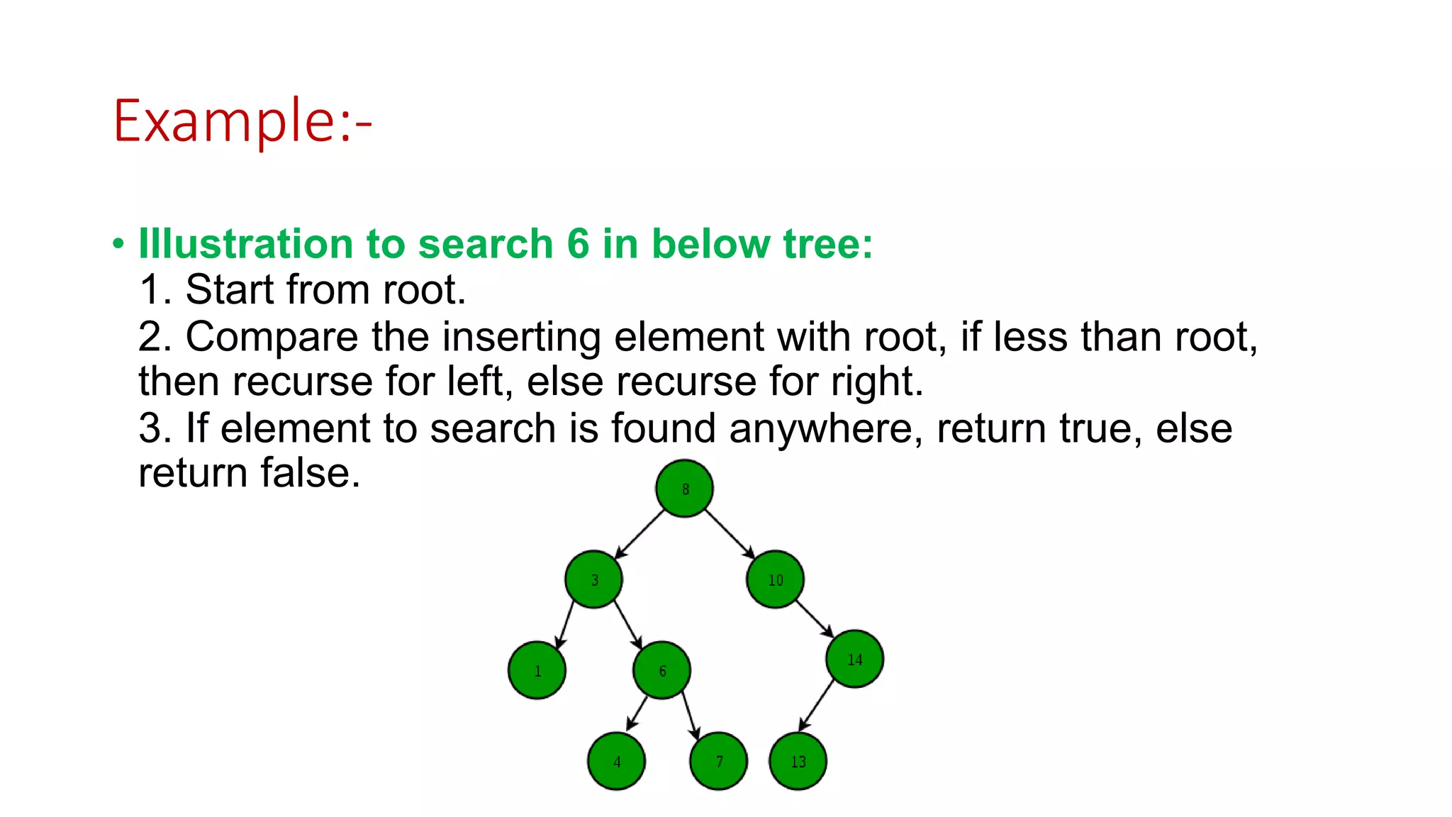 Example:-
• Illustration to search 6 in below tree:
1. Start from root.
2. Compare the inserting element with root, if less than root,
then recurse for left, else recurse for right.
3. If element to search is found anywhere, return true, else
return false.
 