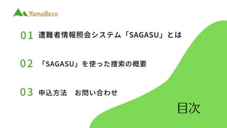 目次
01
「SAGASU」を使った捜索の概要
02
申込方法 お問い合わせ
03
遭難者情報照会システム「SAGASU」とは
 